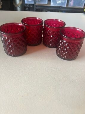 Set of 4 Ruby Red Textured Glass Votive Holders